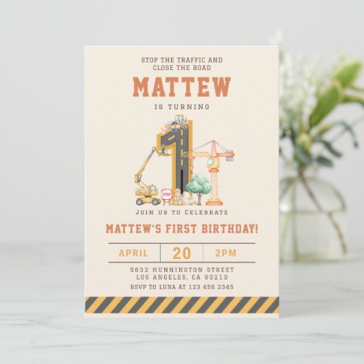 Construction Vehicles 1st Birthday Invitation Kaart (Staand voorkant)