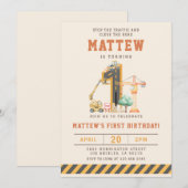 Construction Vehicles 1st Birthday Invitation Kaart (Voorkant / Achterkant)