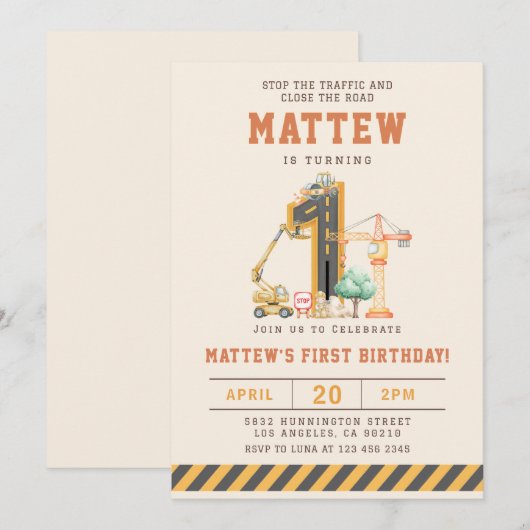 Construction Vehicles 1st Birthday Invitation Kaart (Voorkant / Achterkant)