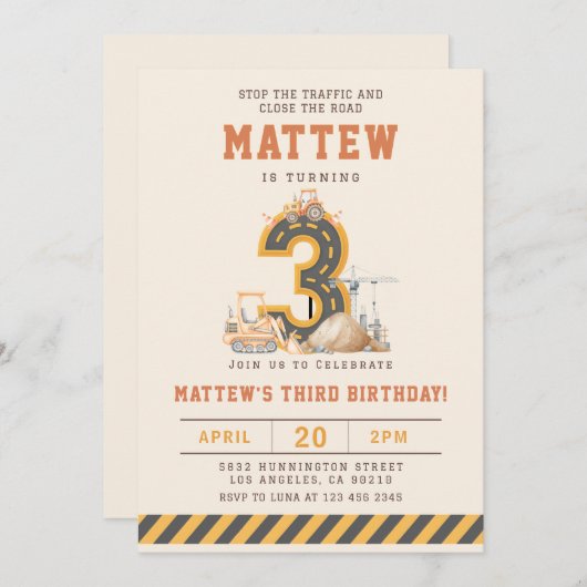 Construction Vehicles 3rd Birthday Invitation Kaart (Voorkant / Achterkant)