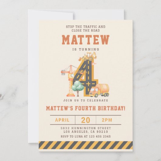 Construction Vehicles 4th Birthday Invitation Kaart (Voorkant)