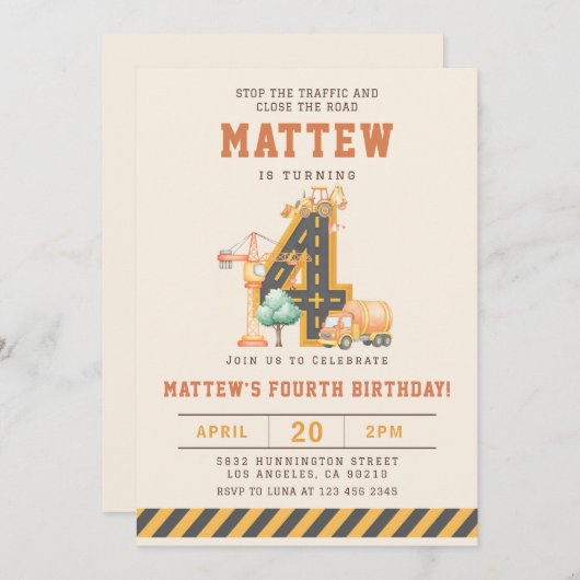 Construction Vehicles 4th Birthday Invitation Kaart (Voorkant / Achterkant)