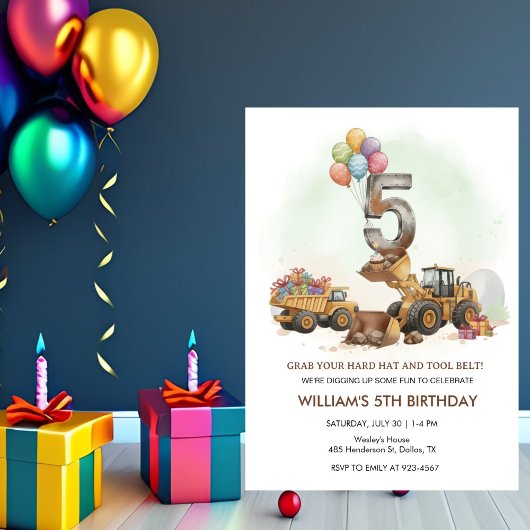 Construction Vehicles 5th Birthday Invitation Kaart