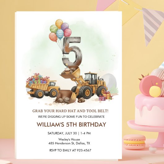 Construction Vehicles 5th Birthday Invitation Kaart