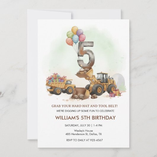 Construction Vehicles 5th Birthday Invitation  Kaart (Voorkant)