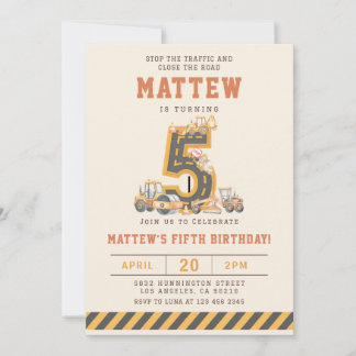 Construction Vehicles 5th Birthday Invitation Kaart