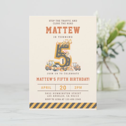 Construction Vehicles 5th Birthday Invitation Kaart (Staand voorkant)