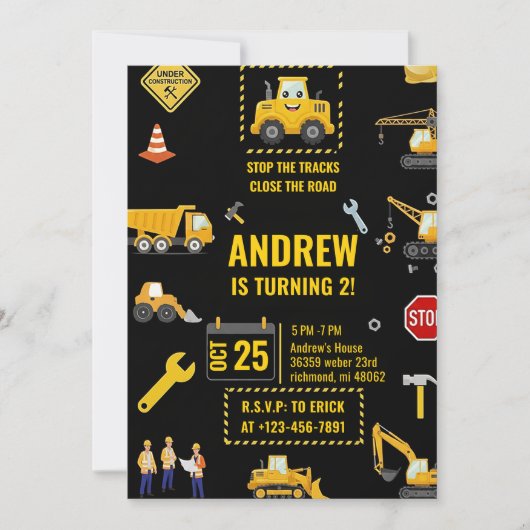 Construction Vehicles Birthday Party Digital Kaart (Voorkant)