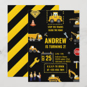 Construction Vehicles Birthday Party Digital Kaart (Voorkant / Achterkant)