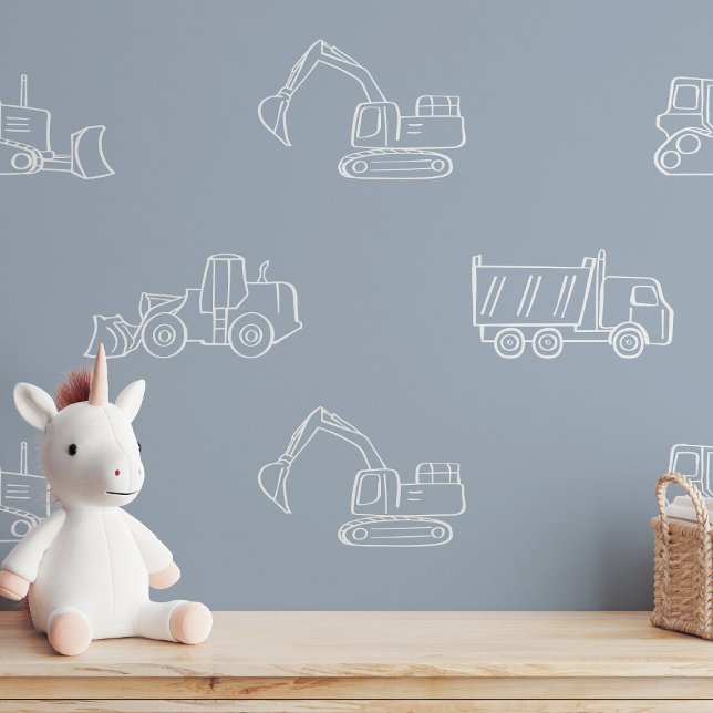 Construction Vehicles Builder Boy Truck Dusty Blue Behang (Creator heeft geüpload)