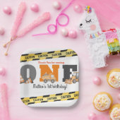 Construction Vehicles First Birthday Dump Truck Papieren Bordje (Feest)