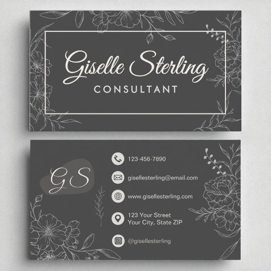 Consultant Moody Charcoal Gray Floral Script Visitekaartje