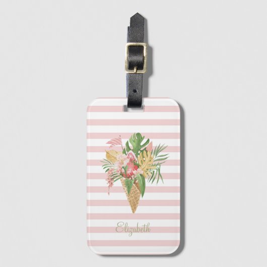 Consumptie-ijs, tropische bladeren, fruit, roze st bagagelabel (Voorkant (verticaal))