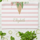 Consumptie-ijs, tropische bladeren, fruit, roze st theedoek (Gevouwen)