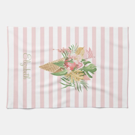 Consumptie-ijs, tropische bladeren, fruit, roze st theedoek (Horizontaal)