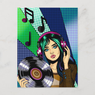 Contact houden   Pop Art Meisje met Record Briefkaart