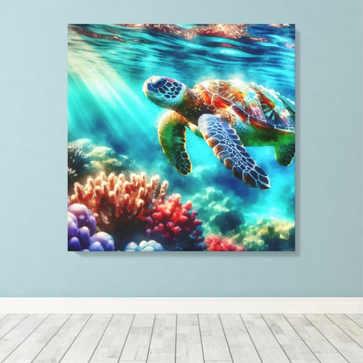 Contact houden | Zee schildpad zwemmen Canvas Afdruk (Insitu (Houten vloer))
