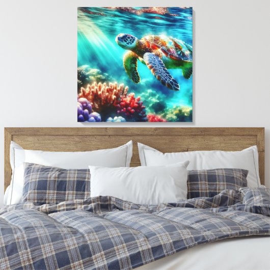 Contact houden | Zee schildpad zwemmen Canvas Afdruk (Insitu (Slaapkamer))