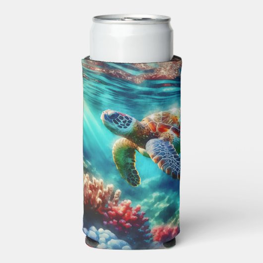 Contact houden | Zee schildpad zwemmen Seltzer Blikjeskoeler (Seltzer Voorkant)