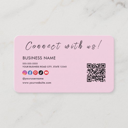 Contact met ons Qr Code Social Media Logo Roze Visitekaartje (Voorkant)