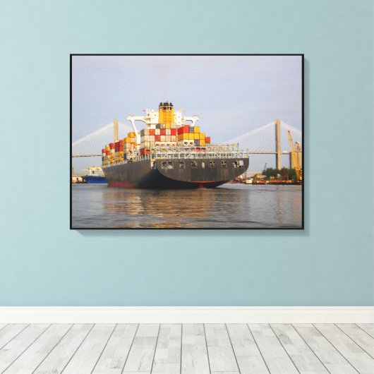 Container vrachtschip op de Savannah rivier Canvas Afdruk (Insitu (Houten vloer))