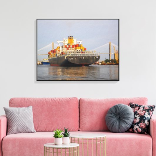 Container vrachtschip op de Savannah rivier Canvas Afdruk (Insitu (Woonkamer))