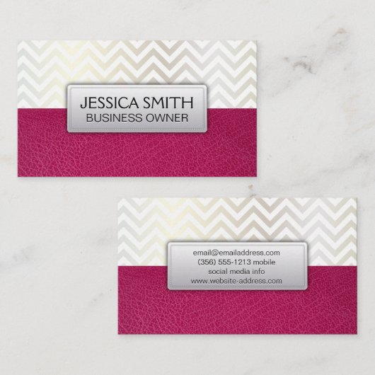 Contemhedendaagse Chevron Hot Pink Leather Texture Visitekaartje (Voorkant / Achterkant)