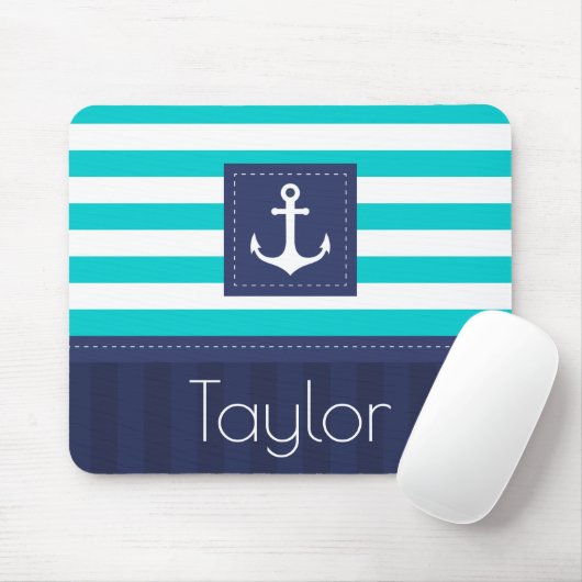 Contemmodern Aqua Navy Blue Anchor Personalized Muismat (Met muis)