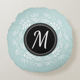 Contemmodern Light Blue Floral Wreatmonogram Rond Kussen