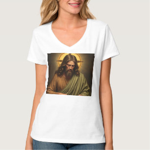 Contemplatieve Jezus Vrouwen V-Neck Tee Shirt