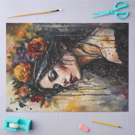 Contemplatieve Vrouw met Bloemen Kroon Decoupage Tissuepapier (Craft)