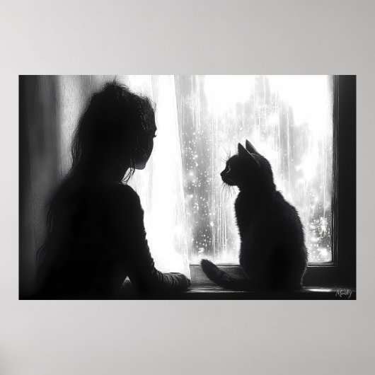 Contemplatieve vrouw met kat in de regen bij het r poster (Voorkant)