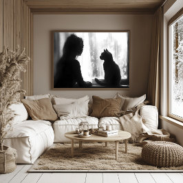 Contemplatieve vrouw met kat in de regen bij het r poster