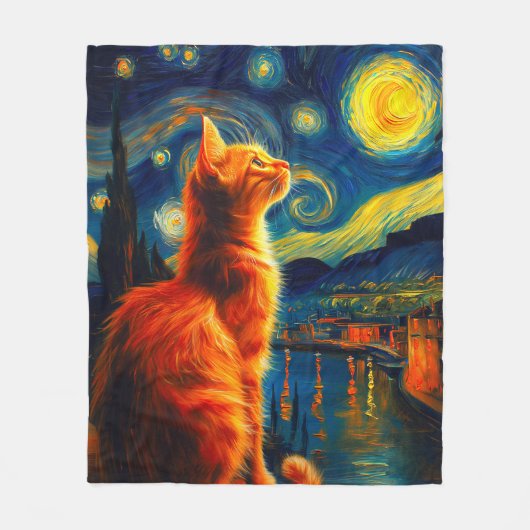 Contemplative Ginger Cat | Starry Night Sky Fleece Deken (Voorkant)
