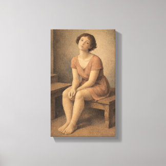 Contemplative girl on wooden bench canvas afdruk