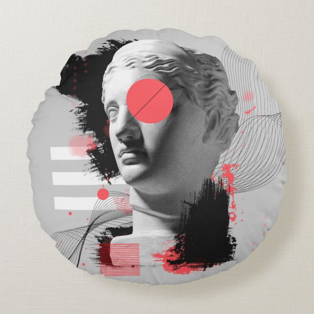 Contemporary art collage with antique statue head  rond kussen (Voorkant)