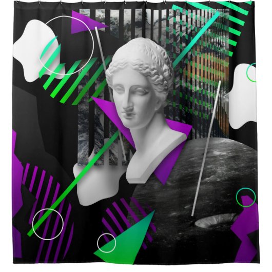 Contemporary art collage with plaster head statue  douchegordijn (Voorkant)