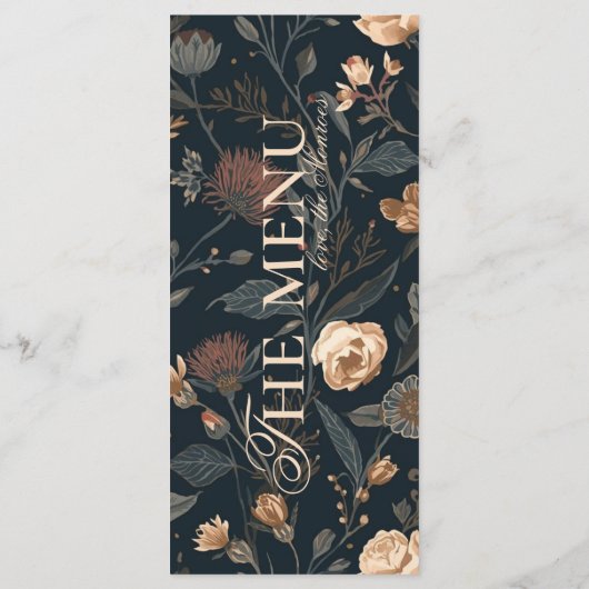 Contemporary Black Floral Wedding Dinner Menu (Achterkant)
