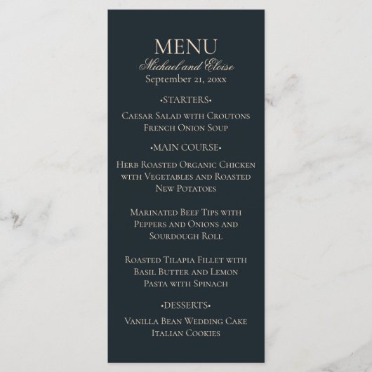 Contemporary Black Floral Wedding Dinner Menu (Voorkant)