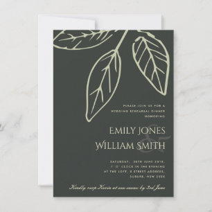 CONTEMPORARY BLACK GREEN LEAVES REHEARSAL DINNER KAART