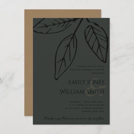 CONTEMPORARY BLACK RUST LEAVES REHEARSAL DINNER KAART (Voorkant / Achterkant)