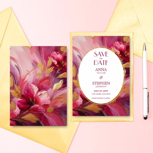 Contemporary Elegance: Fuchsia Pink Gold Save Date Kaart