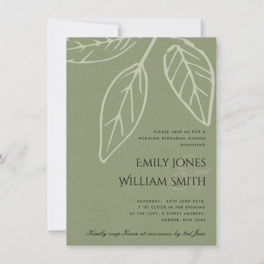 CONTEMPORARY GREEN KRAFT LEAVES REHEARSAL DINNER KAART (Voorkant)