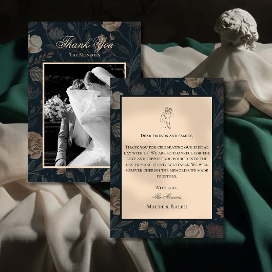 Contemporary Modern Black Floral Thank You Card Bedankkaart