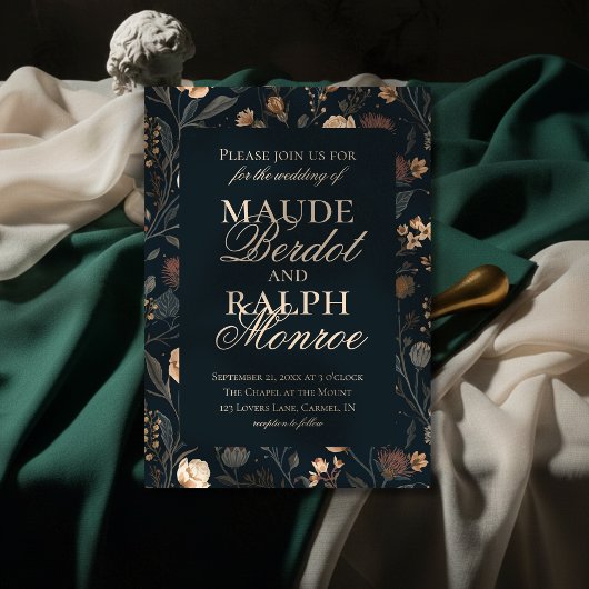 Contemporary Modern Black Floral Wedding Kaart