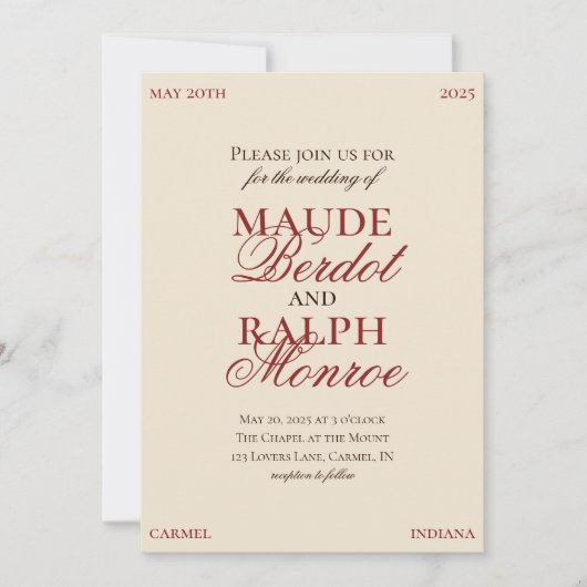 Contemporary Old Money Bold Red Wedding Kaart (Voorkant)