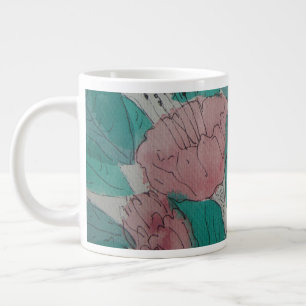 contempory sketchy roze bloemen en bladeren floral grote koffiekop