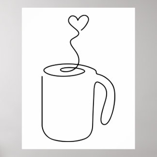 continue lijntekening van warme koffiebeker p poster
