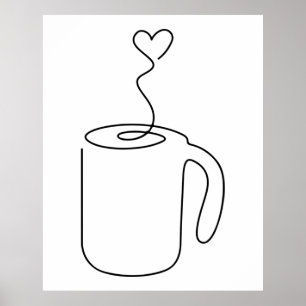 continue lijntekening van warme koffiebeker saucer poster