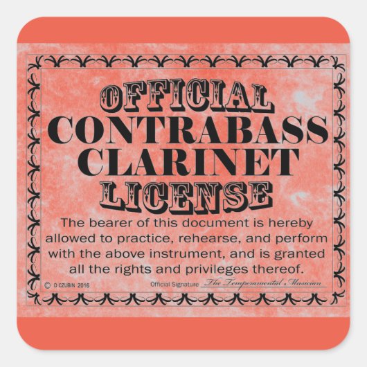 Contrabass Clarinet License Square Sticker (Voorkant)